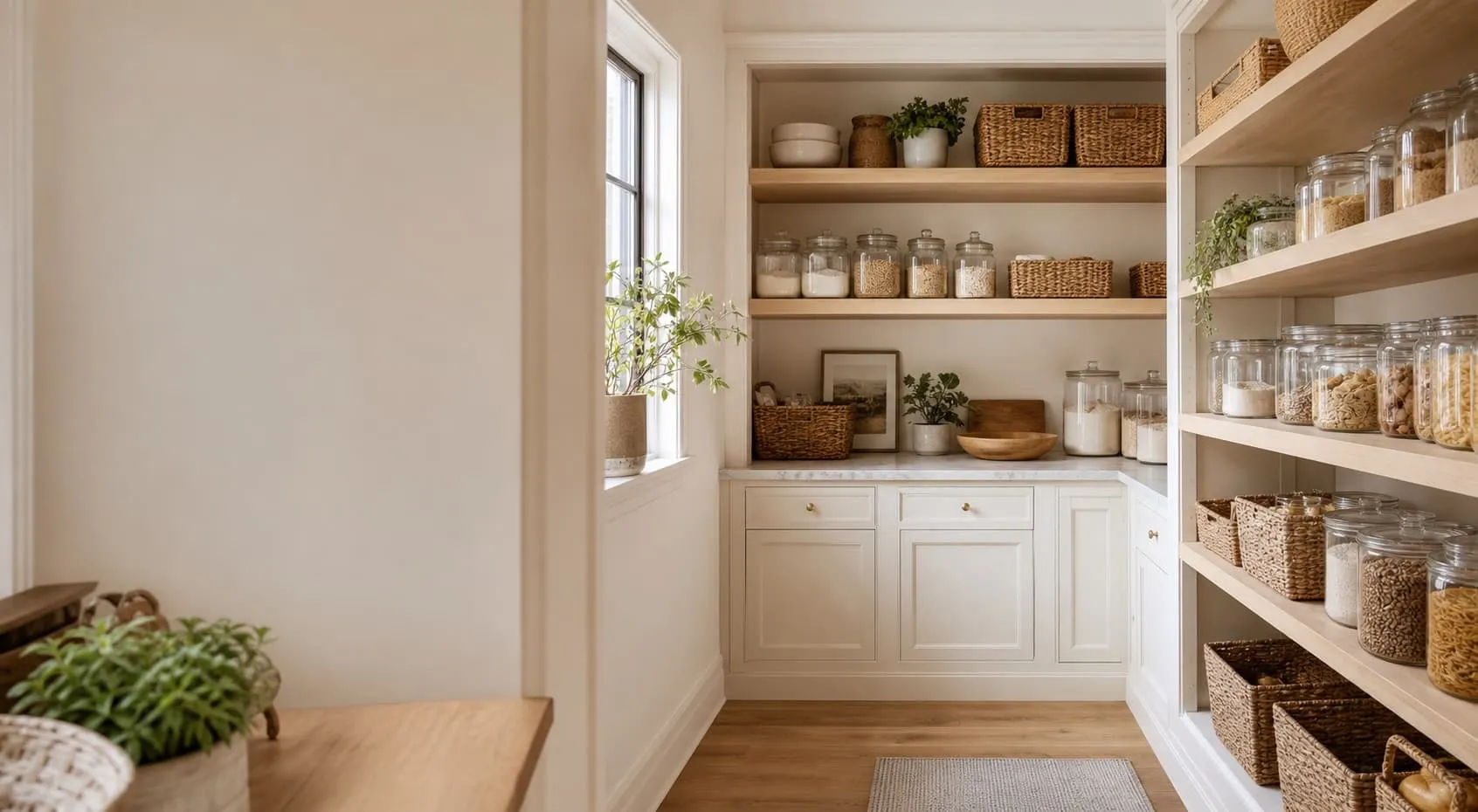 A bright, professionally organized pantry with natural wood shelves and woven baskets