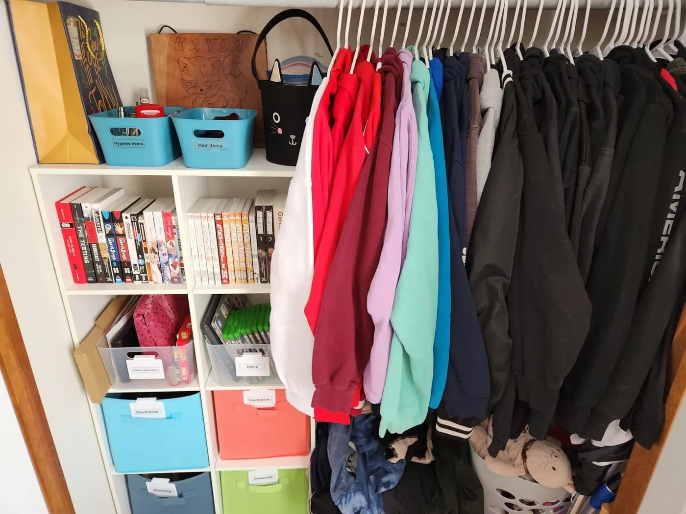 A color-sorted closet with labeled storage bins