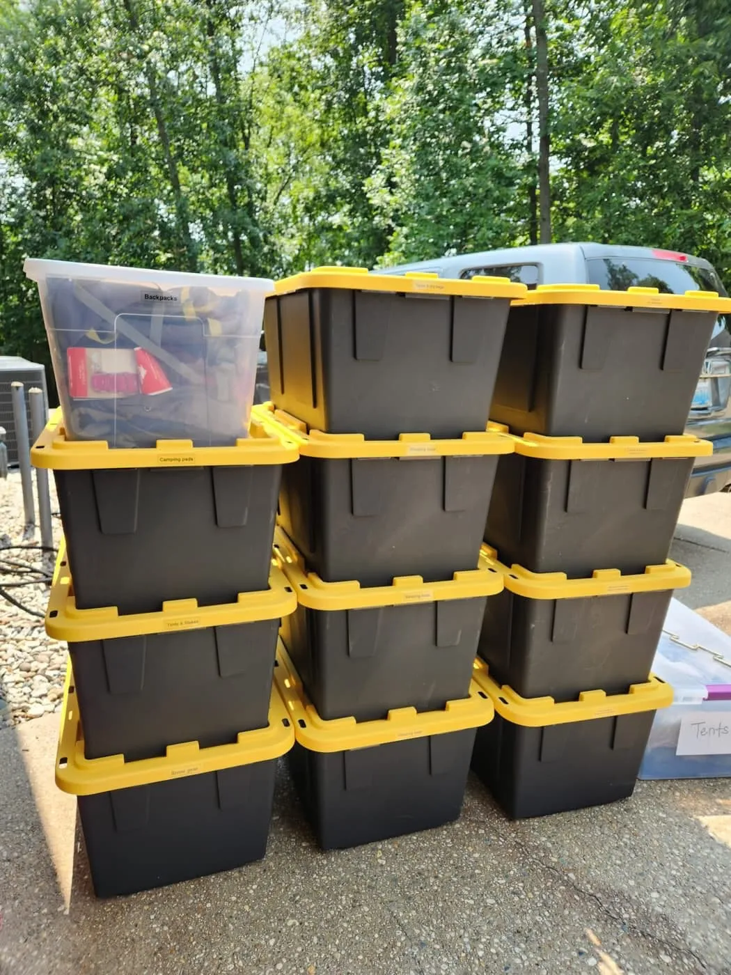 Labeled storage totes prepared for a downsizing project